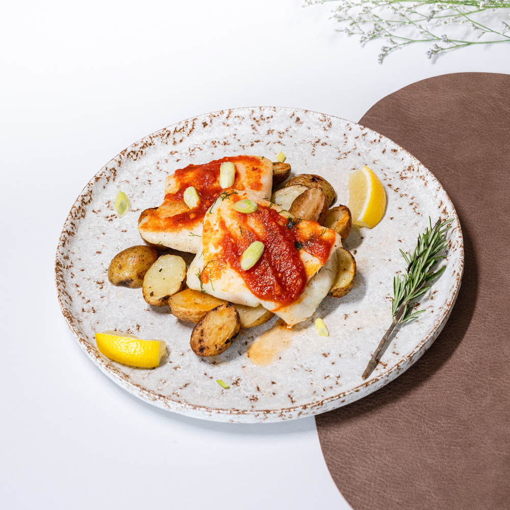 GRILLED WHITE FISH FILLET & BABY POTATOE BASIL SAUCE