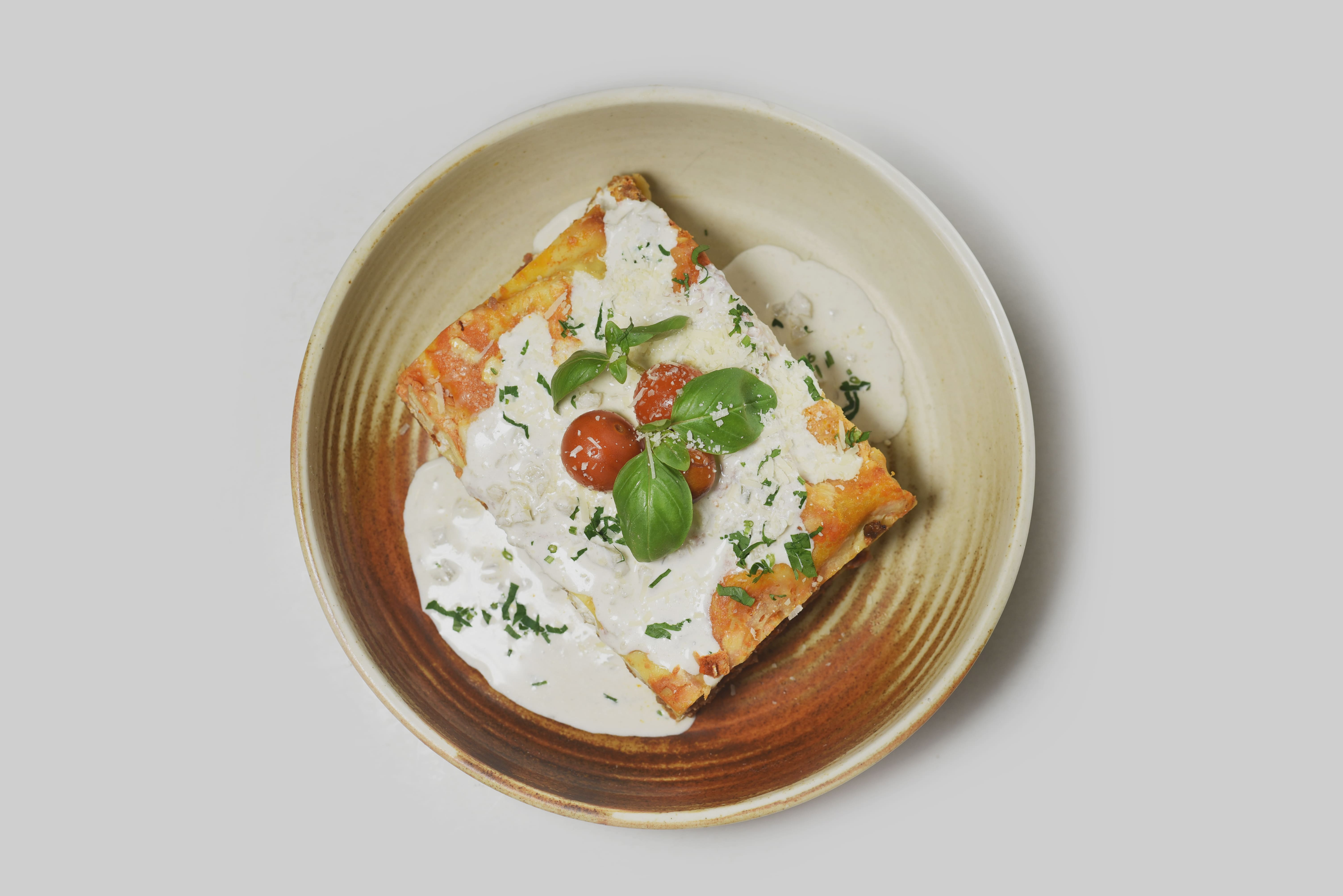 Eggplant beef Lasagna, Rocca Parmesan salad