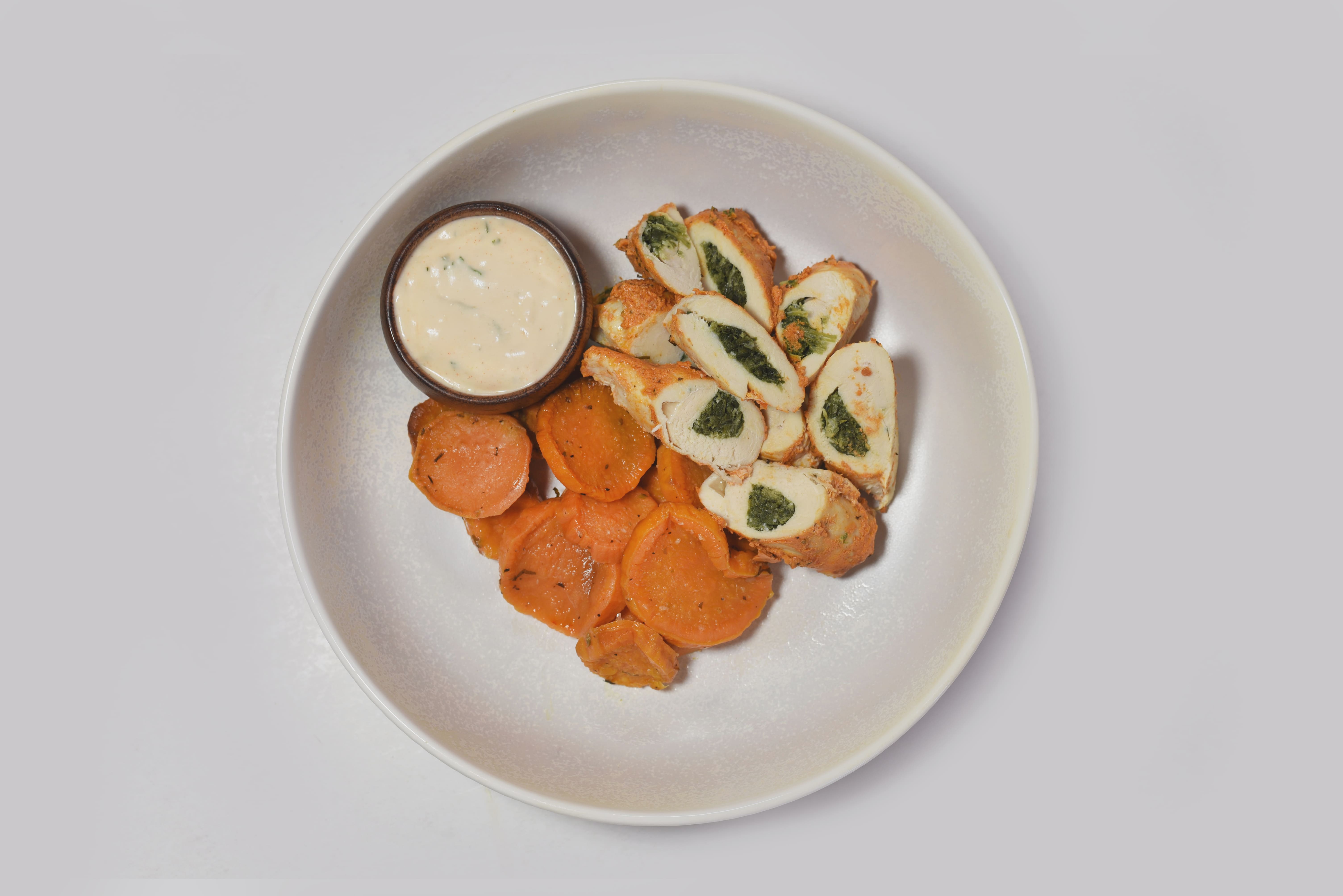 Spinach Chicken Feta Rolls With Baked Sweet (Gluten Free)